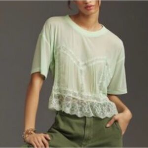 Anthropologie Green Sheer Lace Top ~ M